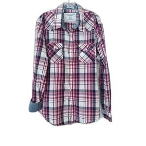 American Eagle Mens XL Plaid Button Shirt Pearl Snap Western Pink Blue